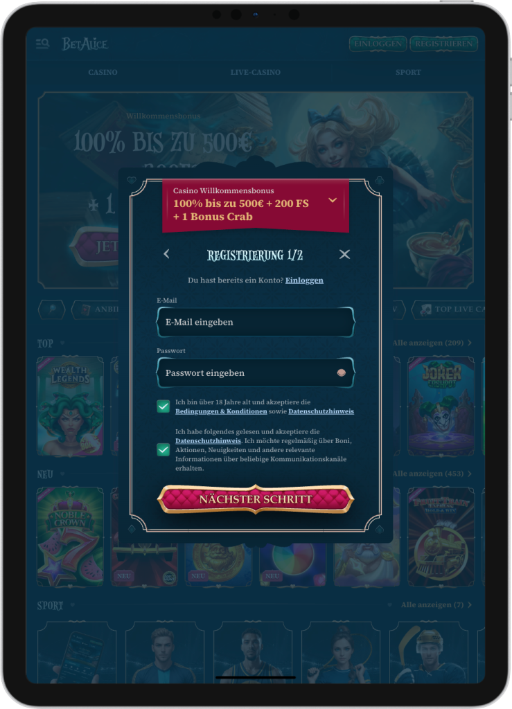 Registrierung für BetAlice Casino App